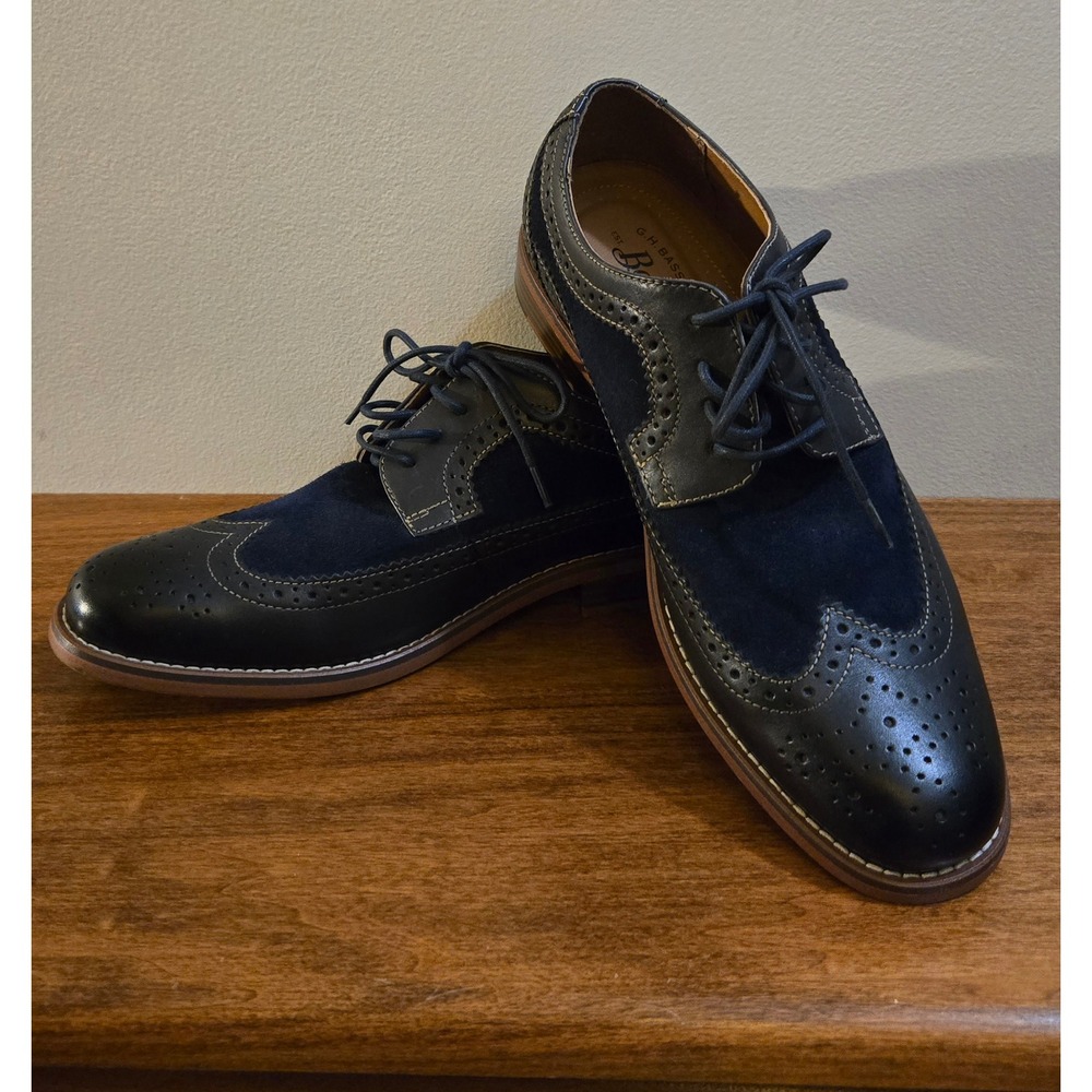 GH Bass Billings Mens 8.5M Navy Blue Leather Suede Wingtip Oxford Shoes